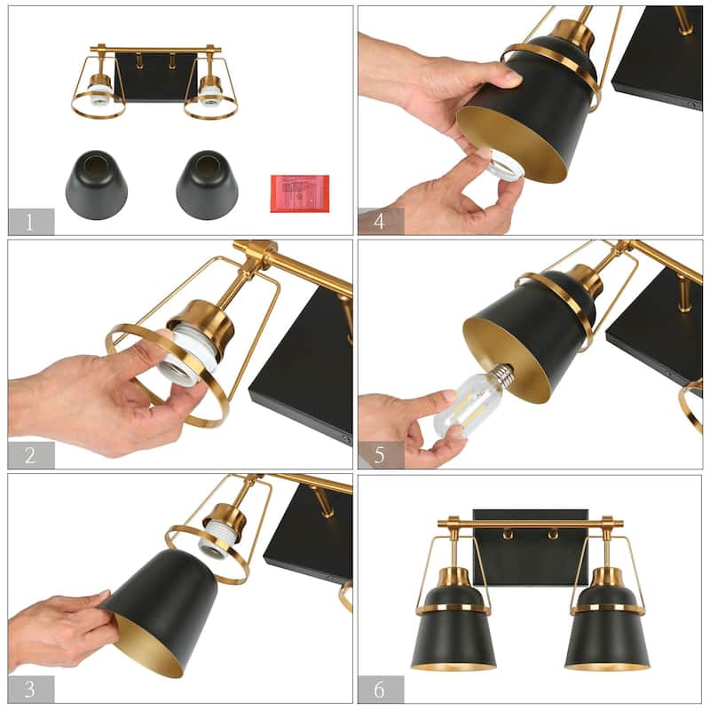 Modern Contemporary Dimmable Black 2-Light Bathroom Vanity Lights Gold Bracket Bar Wall Sconce - L 13.4" x D 5.7" x H 10"