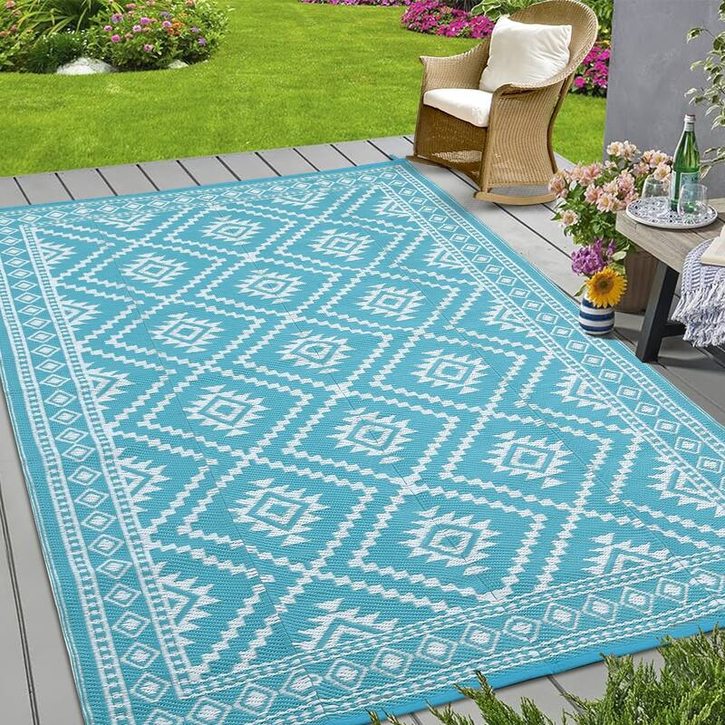 Outdoor Rugs Reversible Geometric Boho Plastic Straw Rug for Patio Camping Beach Deck Picnic Backyard - 9'x12' - Light Blue White