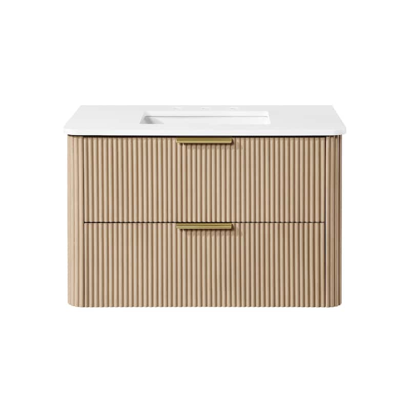 Amara 36 in. Sahara Birch Vanity with White Top and Brushed Gold Hardware