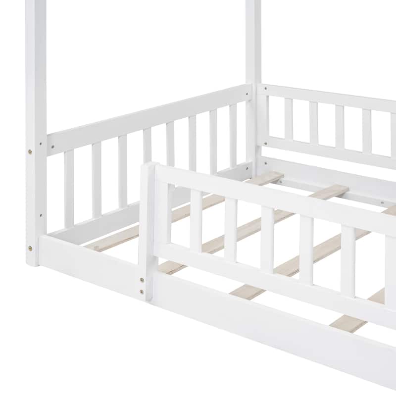 Twin Size Wood House Bed Frame with Roof and Fence, for Kids, Teens, Girls, Boys