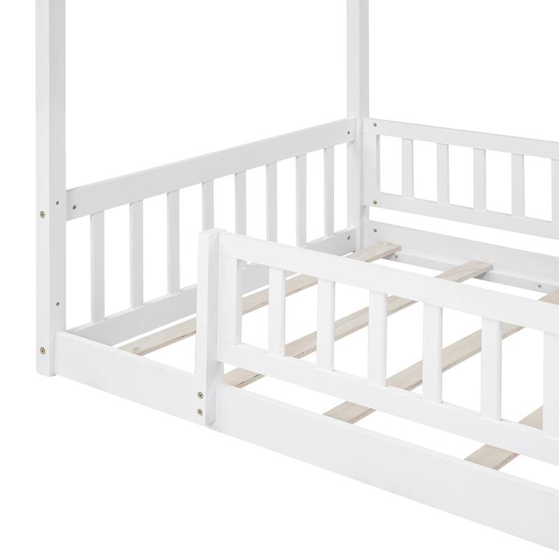 White Twin Size Wood House Bed Frame with Roof & Fence