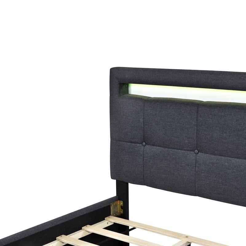 Twin Size Upholstered Platform Bed with LED Frame and 2 Drawers
