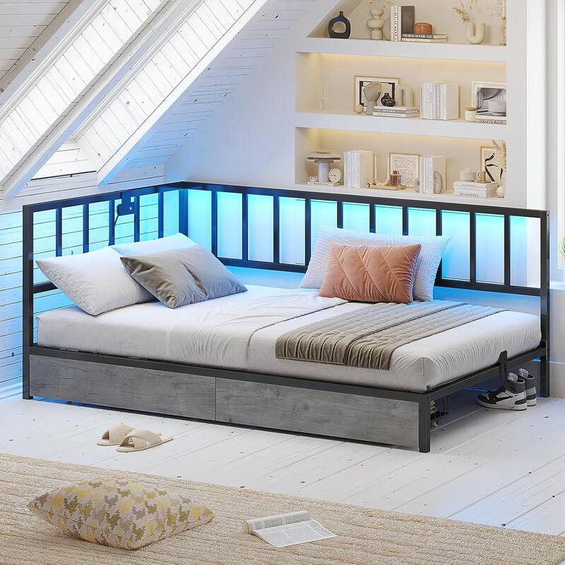 Daybed with 2 Drawers Platform Bed Frame LED Light Charging Station - Grey - Twin