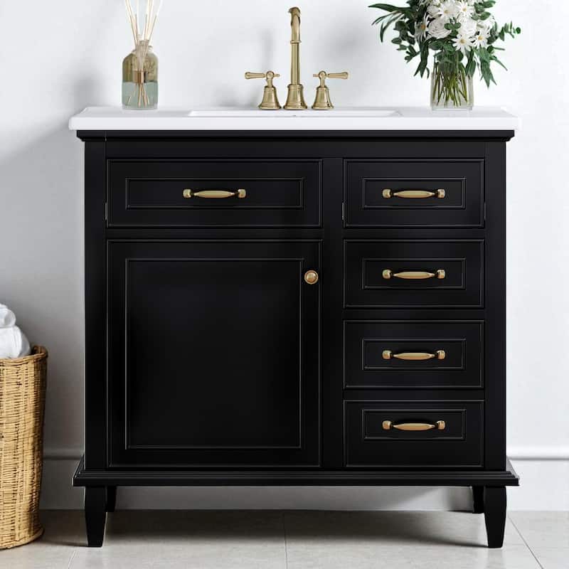 36" Bathroom Vanity with Ceramic Sink, Solid Wood Frame, 4 Drawers and Adjustable Shelf, Freestanding Cabinet - Black