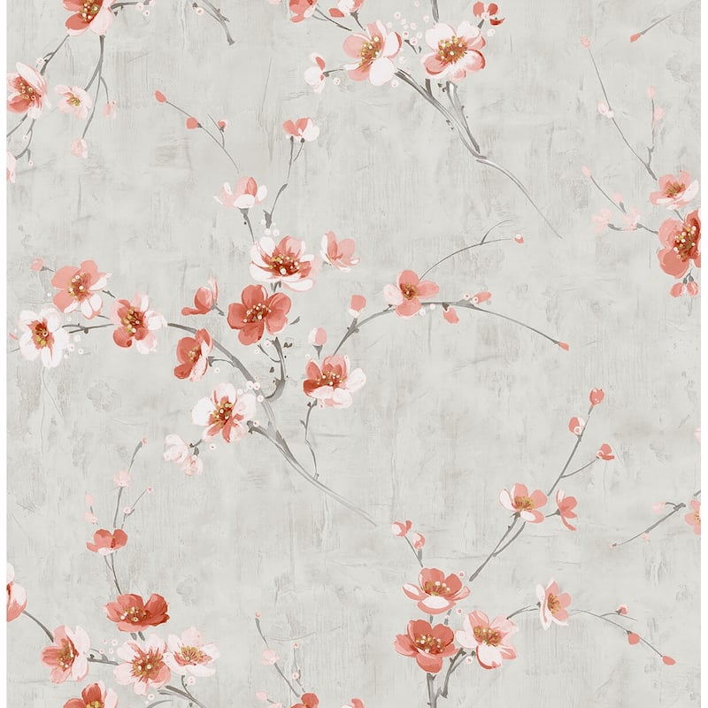 Seabrook Designs Koi Silk Road Dogwood Unpasted Wallpaper - 20.5 in. W x 33 ft. L - Metallic Silver and Strawberry
