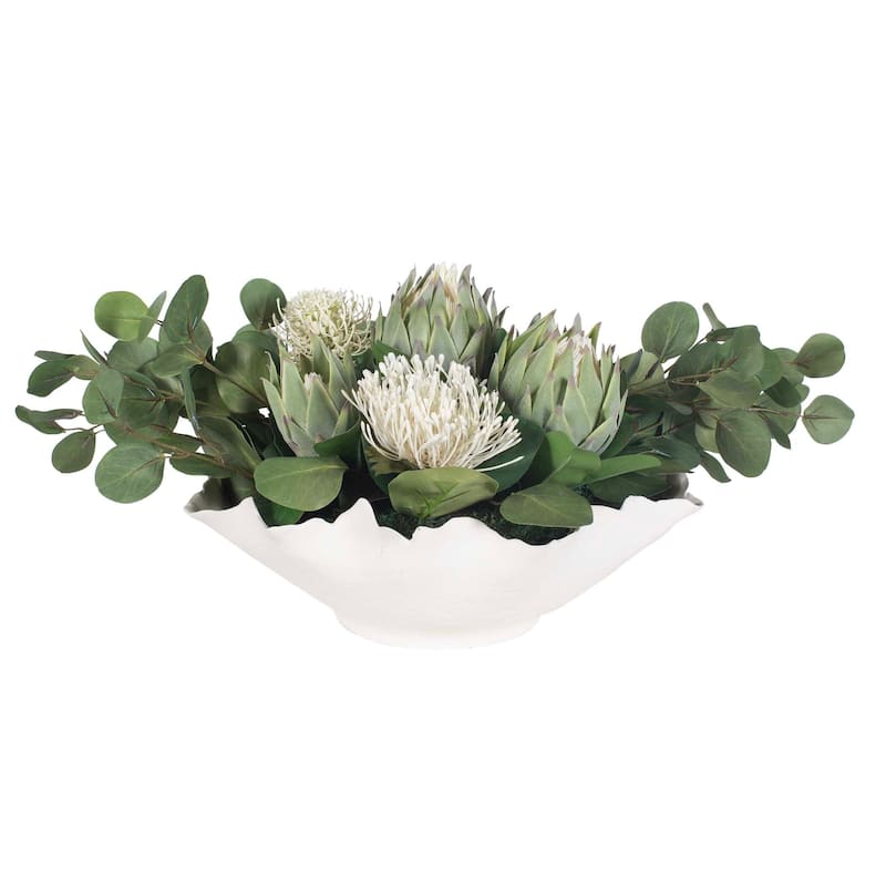 Uttermost Protea Blooms White Bowl Centerpiece - 24.00" W x 12.00" H x 16.00" D