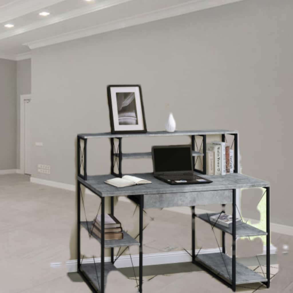 Stylish Office Desk with Hutch, 8 Open Compartments, and Drawer for Organization, Modern Writing Desk with Metal Sled Base