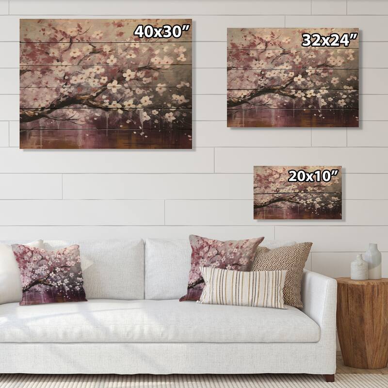 Designart "Pink Grey Dogwood Elegance II" Floral Print on Natural Pine Wood