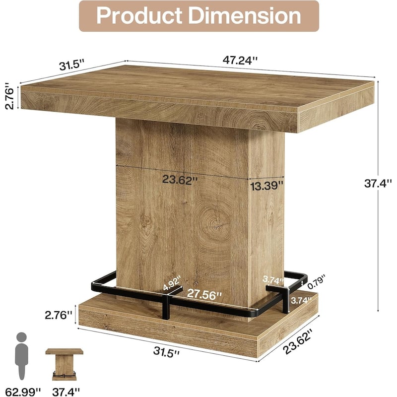 47-Inch Industrial Bar Table with Metal Footrest, Rectangular Counter Height Bar Table for Small Bar