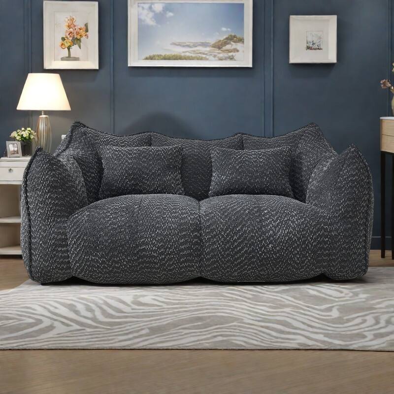 73.2" Chenille Oversized Beanbag Sofa Chair with High-Resilience Foam, Armrests and Handles - Black