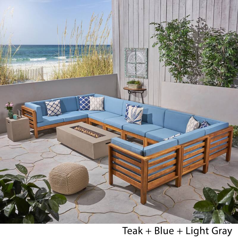 Oana Outdoor 12-Piece U-Shaped Acacia Wood Sectional Sofa Set with Fire Pit by Christopher Knight Home