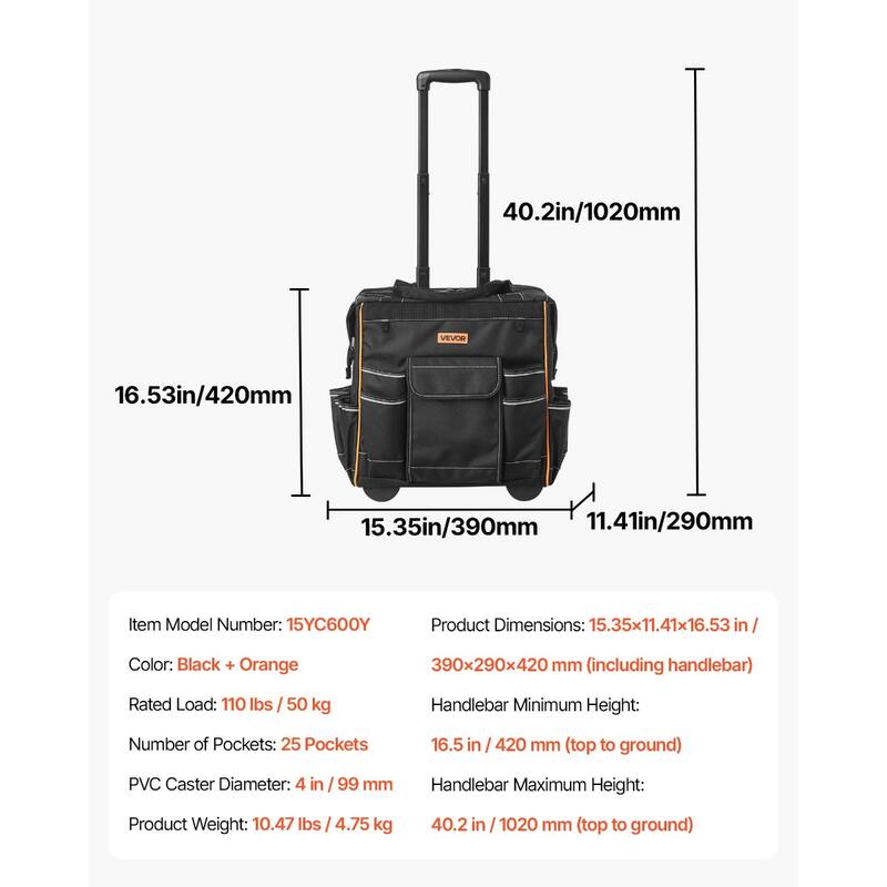 Heavy Duty Rolling Tool Bag with 25 Pockets for Tools and Gear - 15.35 x 11.41 x 16.53 in