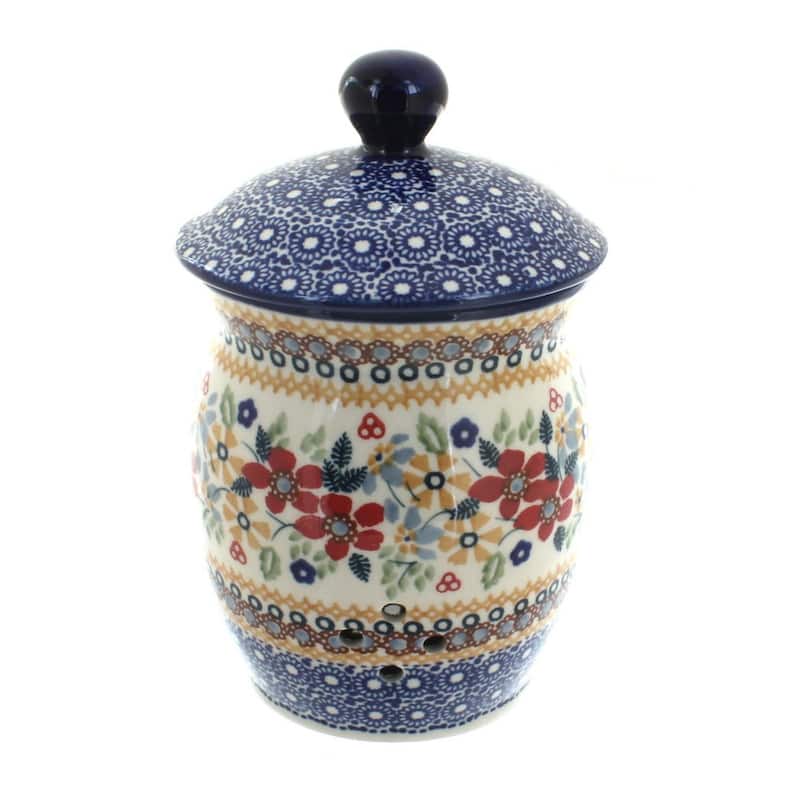 Blue Rose Polish Pottery P078 Manufaktura Garlic Keeper - Red Daisy