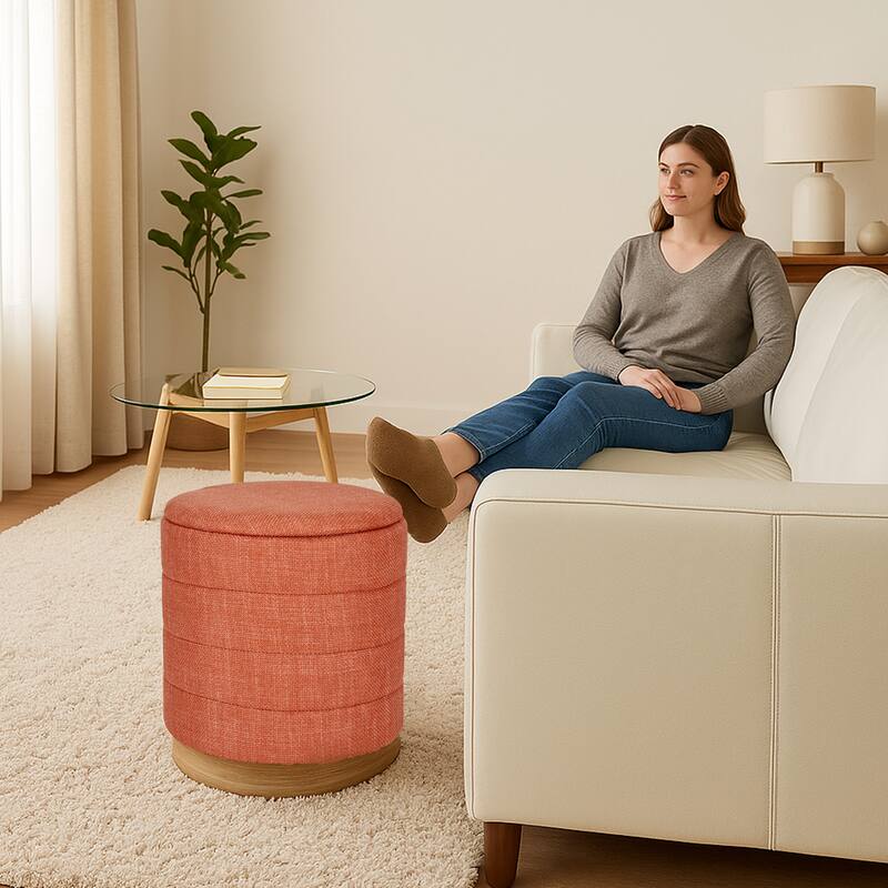 Modern Cylinder Ottoman with Hidden Storage Linen Upholstery Seat