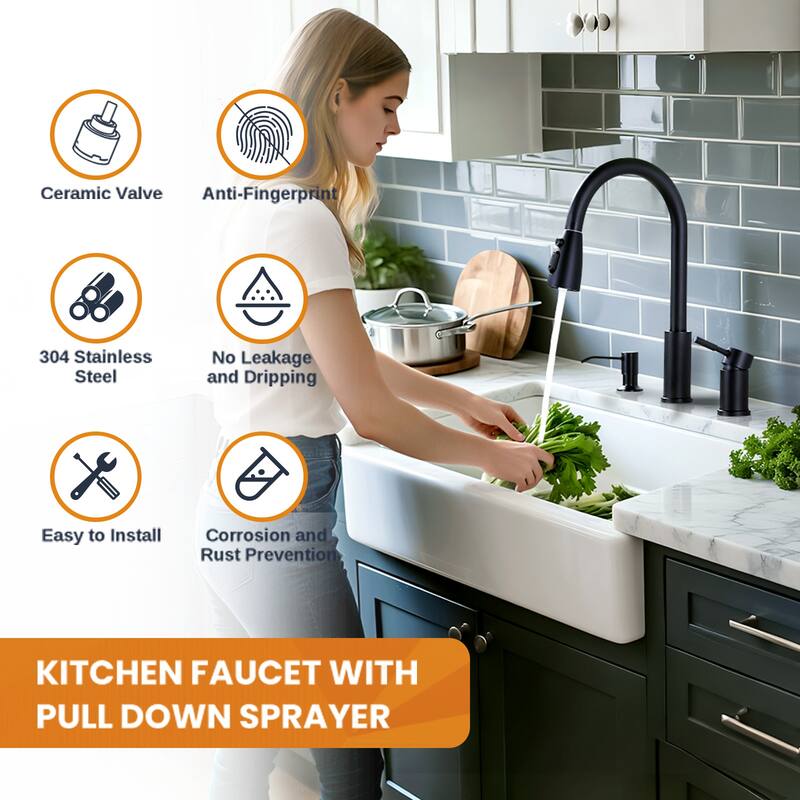WOWOW Single Handle Pull Down Kitchen Faucet with Soap Dispenser