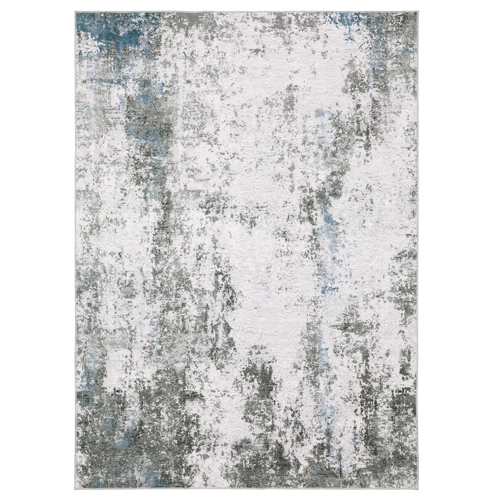 Vista Home Marissa Washable Marbled Abstract Grey/ Blue Indoor Area Rug