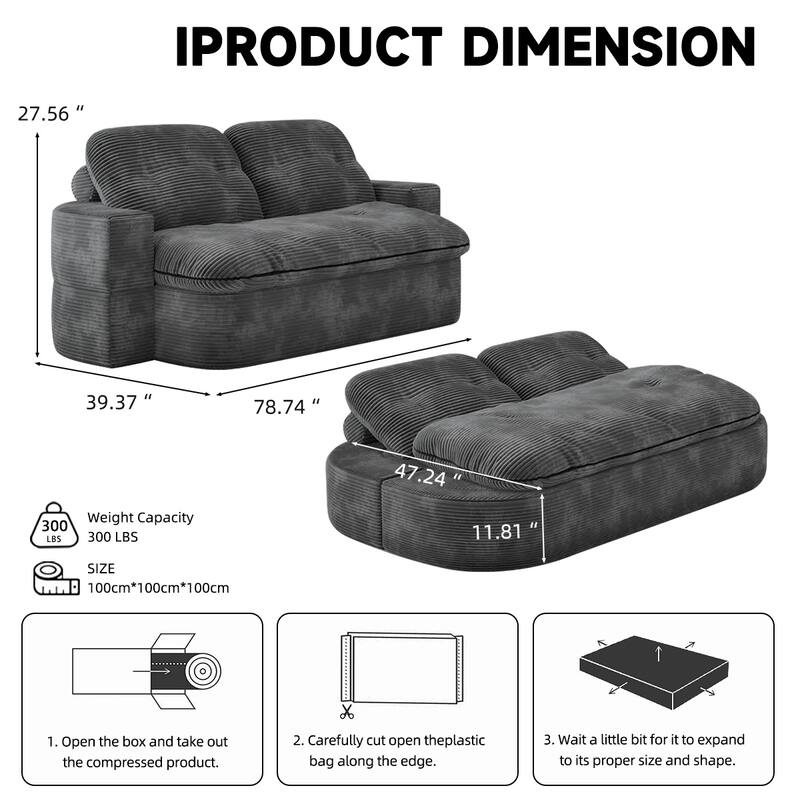 Oversized Loveseat Recliner Sofa, 2-in-1 Convertible Floor Sofa Bed, 3-Seat Sleeper Sofa with Adjustable Armrest