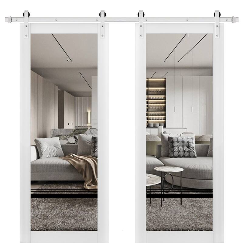 Sturdy Double Barn Door 36 x 80 Lucia 2666 White Silk Clear Glass 13FT - White - 64" x 84" ( 2* 32x84)