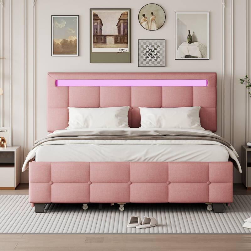 Remote Control LED Headboard Bed Frame Linen Fabric Upholstered Platform Bed with Pull-out Trundle Bed & 2 Drawers - Pink - Queen