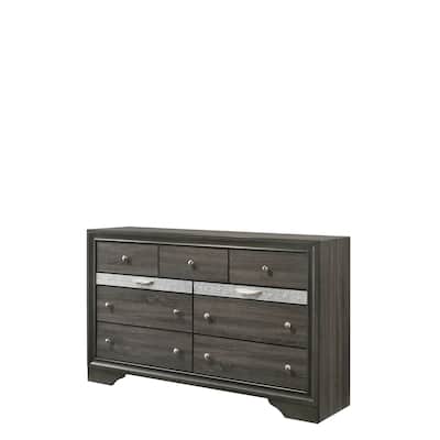 Transitional Style 9 Drawer Wooden Dresser with Bracket Feet, Gray