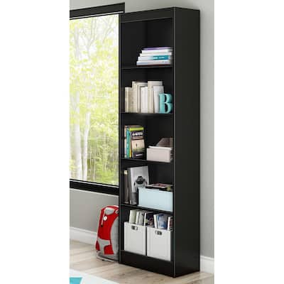 5-Shelf Narrow Bookcase in Pure Black with Adjustable and Fixed Shelves for Space-Saving Storage - 19