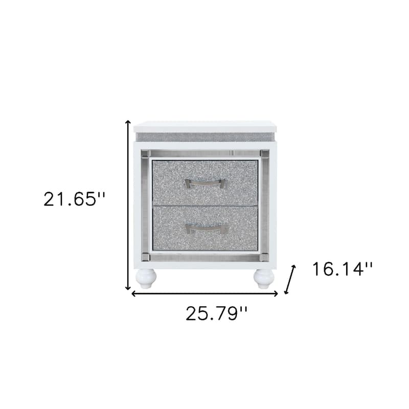 22" Tall Modern White Wood Nightstand with Drawers and Silver Accents, Square Bedside Table for Bedroom