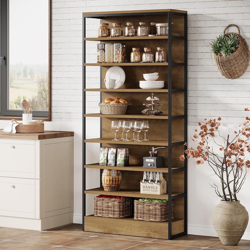 71" Tall Bookshelf, 8-Tier Industrial Etagere Bookcase with Back
