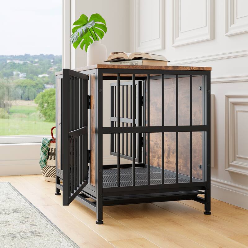 Dog Crate Furniture, Wooden Dog Crate Table, 27.48" Dog Kennel with 2 Sliding Doors and Thick Iron Door Frame, for Small Dog