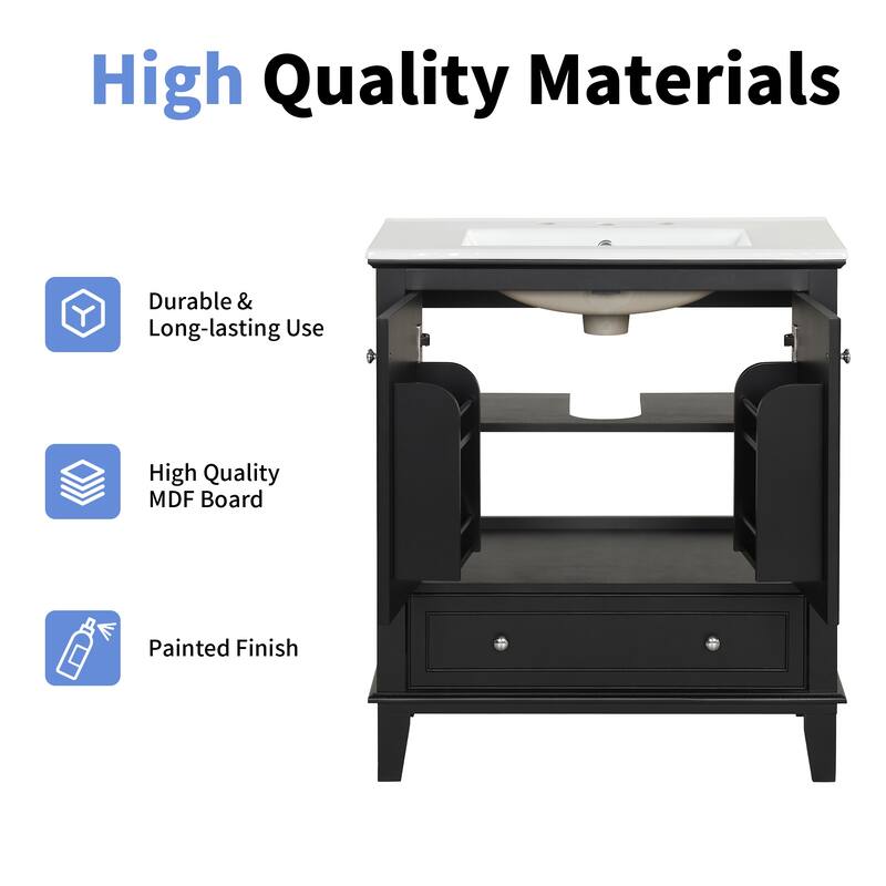 30" Bathroom Vanity with Sink Combo, Multi-functional Bathroom Cabinet with Doors and Drawer, Solid Wood and MDF Board, Black