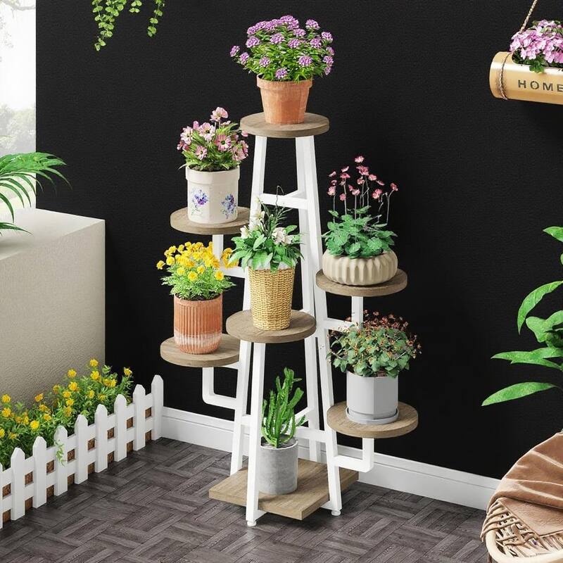 White-Brown Metal & Wood 7-Tier Plant Stand with Space-Saving Design - 11.02" x 9.84" x 43.30"