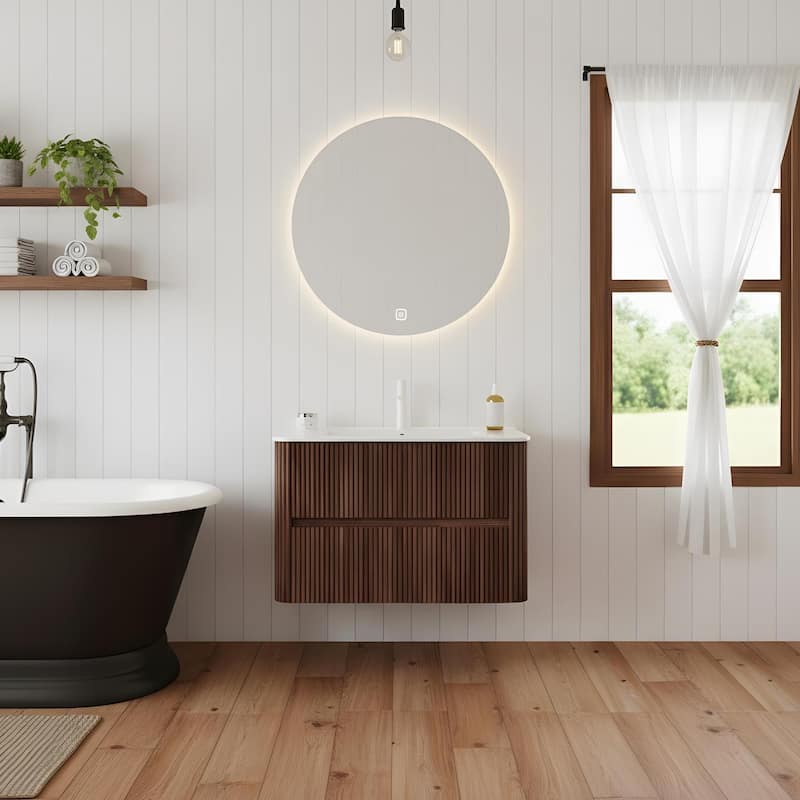 Floating Stripe Bathroom Vanity with Ceramic Sink