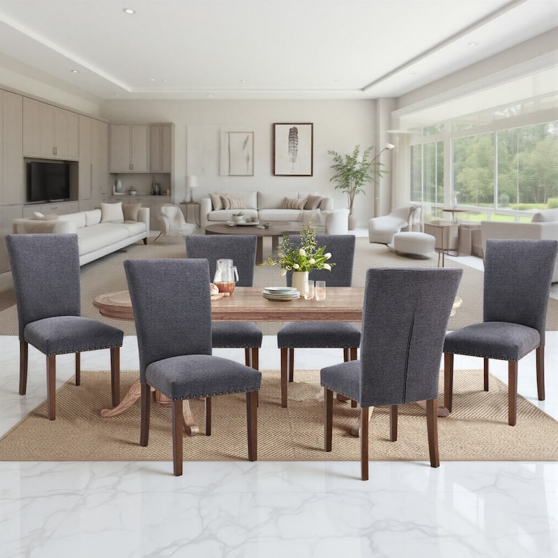 RENEWLINE Dining Chairs, Fabric with Nailhead Trim and Wood Legs - Set of 6 - F-Grey
