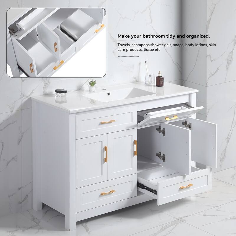 48 Inch Bathroom Vanity with Ceramic Sink Combo, MDF Freestanding Vanity Cabinet with 4 Soft Close Doors and 4 Drawers
