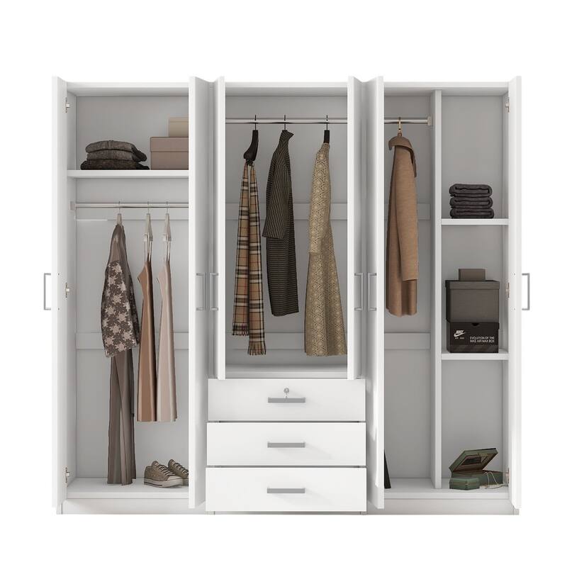 Modern 6-Door Wooden Wardrobe Armoire with Shelves, Drawers, and Locking Storage for Bedroom Use