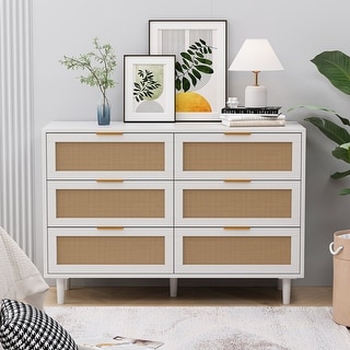 Wooden 6-Drawer Rattan Dresser Storage Cabinet with Sliding Drawers ...