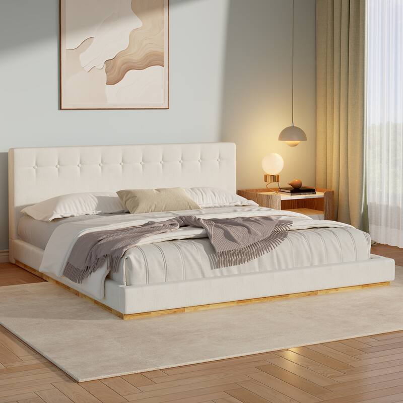 Minimalist Wooden Upholstered Bed with Chenille Headboard - White - King