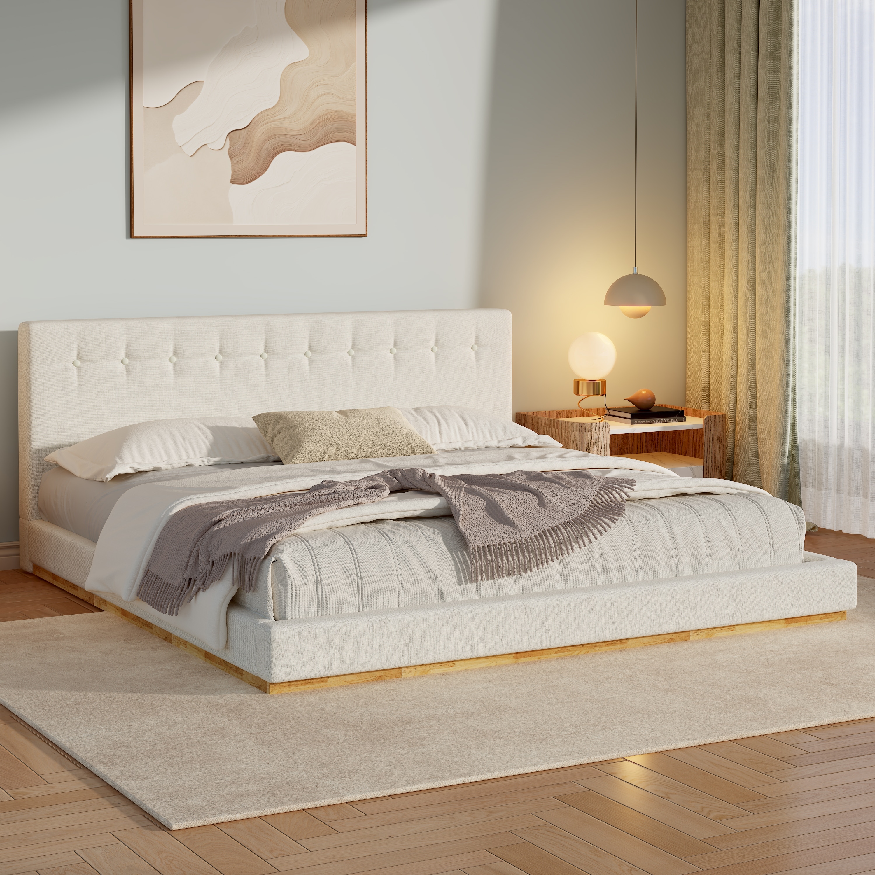 White Wood Platform Bed with Upholstered Headboard for Bedroom