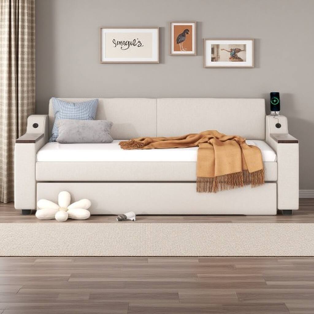 Beige Twin Size Upholstered Daybed with Pull-Out Trundle, Built-In USB Ports & Storage Armrests, Modern Sofa Bed