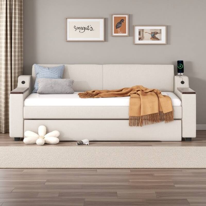 Beige Twin Size Upholstered Daybed with Pull-Out Trundle, Built-In USB Ports & Storage Armrests, Modern Sofa Bed - Beige
