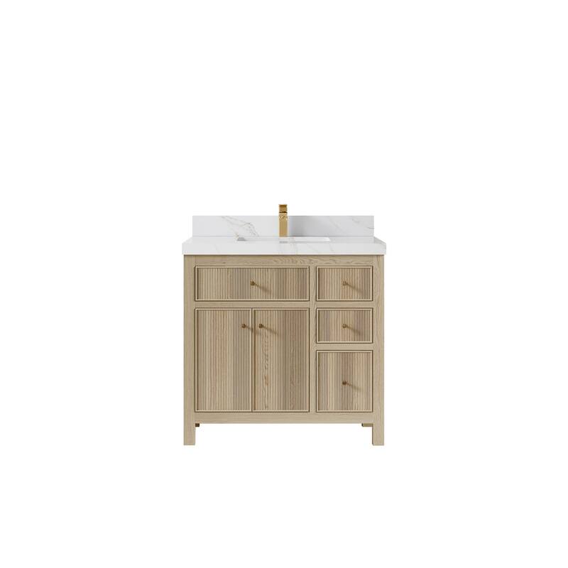 Willow Collections 36 x 22 Sonoma Oak Wood Center Sink Left Bathroom Vanity with Quartz or Marble Countertop