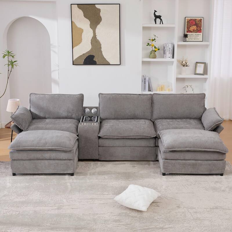 U-Shaped Chenille Modular Sofa with Bluetooth Speakers, Wireless Charging, Storage Console, 2 Cup Holders & Movable Ottoman