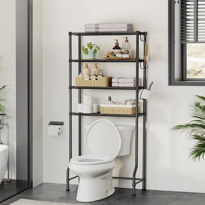 4-Tier Freestanding Metal Over-the-Toilet Storage Rack with 4 Adjustable Shelves and 4 Convenient Hoooks