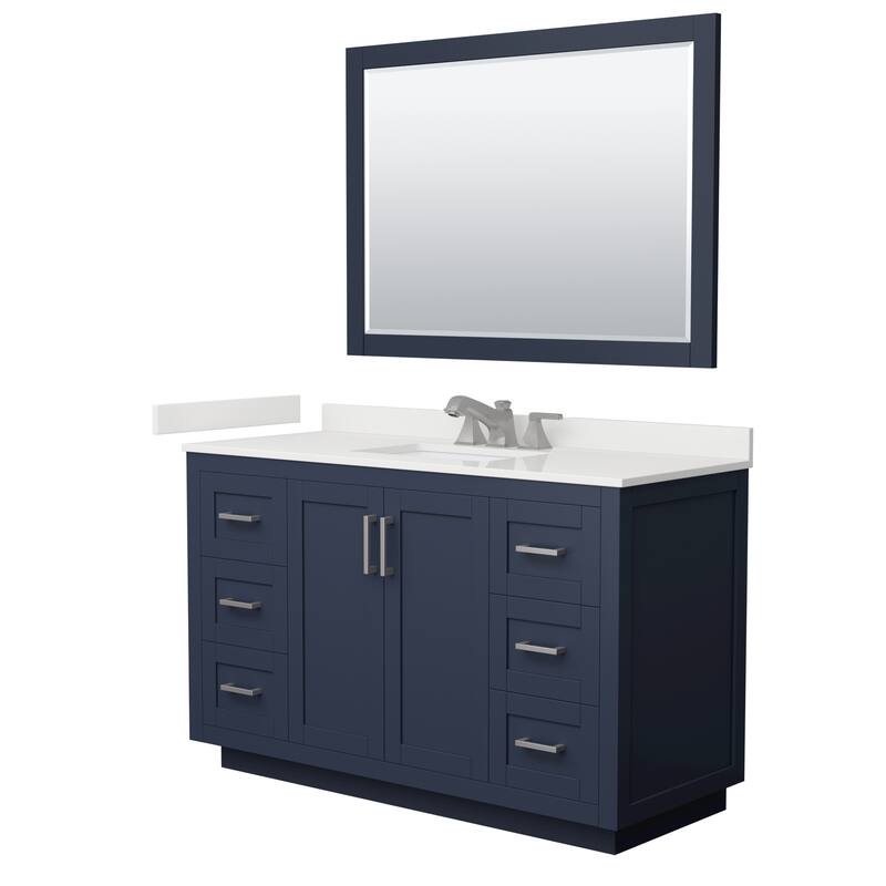 Miranda 54-inch Single Vanity, Quartz Top, 46-inch Mirror - Dark Blue, Nickel Trim, White Quartz Top