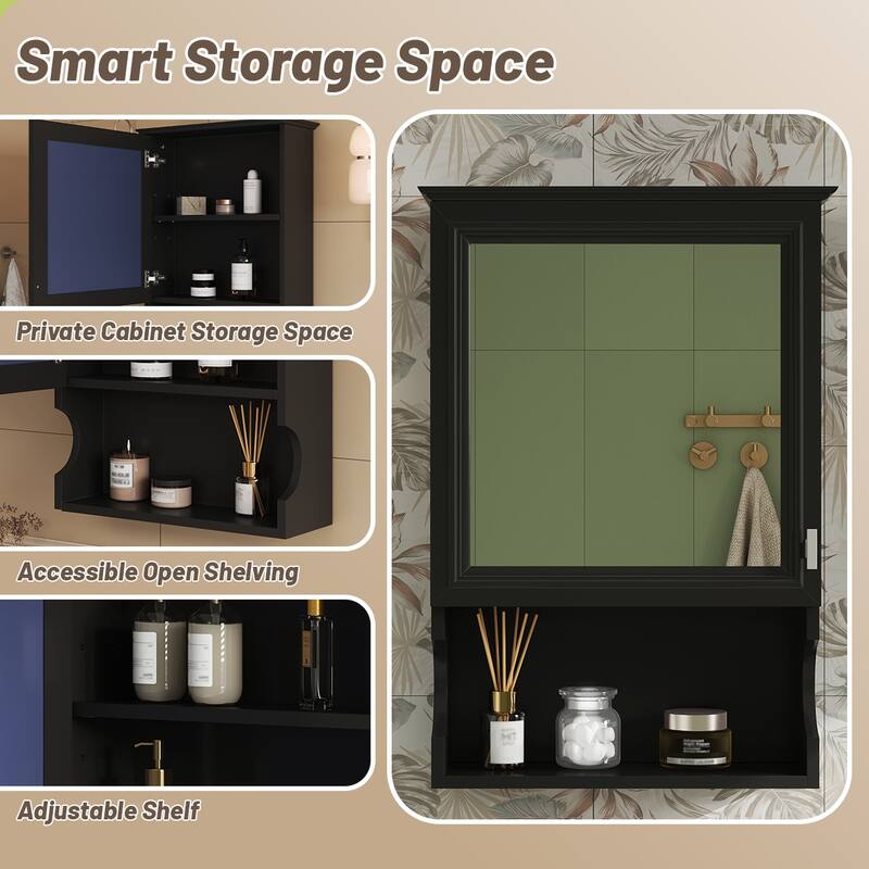 20'' Wall Mounted Bathroom Medicine Cabinet with Mirror, Solid Wood Frame Mirrored Storage Cabinet with Adjustable Shelf