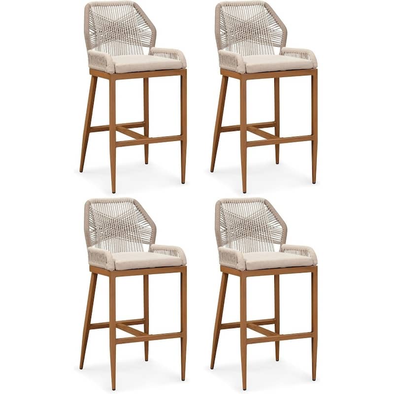 PURPLE LEAF Modern Counter Bar Stools Set of 4 Rattan Chairs with Back and Cushion Kitchen Barstools - Twill - Bar Height