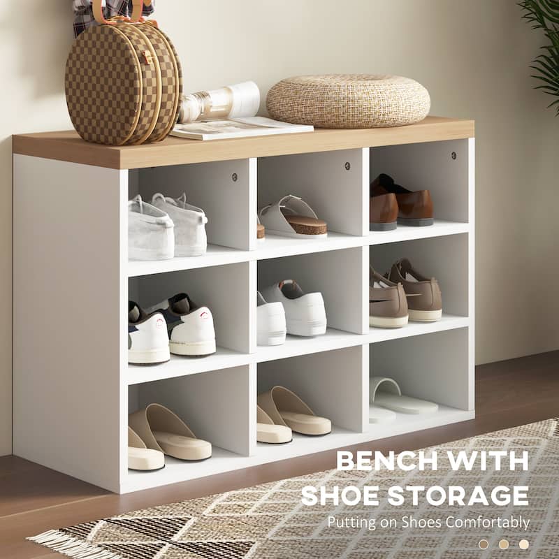 White 2 in 1 Hall Tree - Coat Rack and Shoe Bench with Storage for 9 Shoes