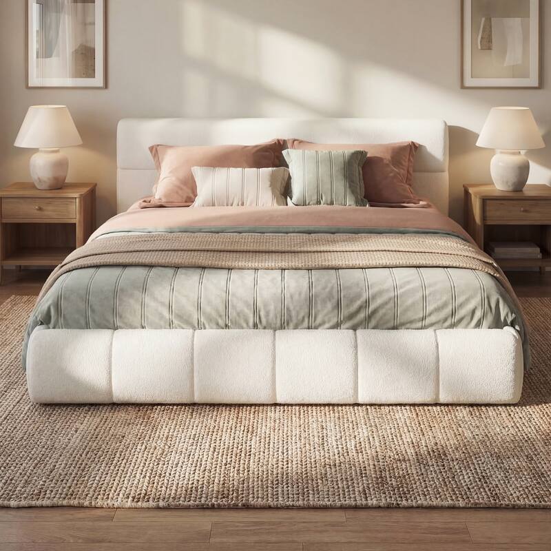 Christopher Knight Home - Sio Modern Boucle Upholstered Platform Bed Frame with Wooden Slats Support, No Box Spring Needed - King