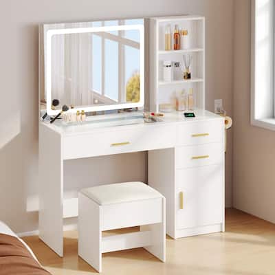 Moasis Makeup Vanity Desk Set with Wireless Charging Station & Tempered Glass Top