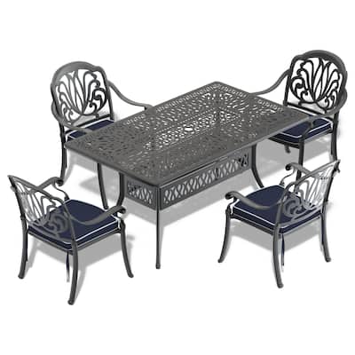 5-Piece Cast Aluminum Outdoor Dining Set with Random Color Cushions