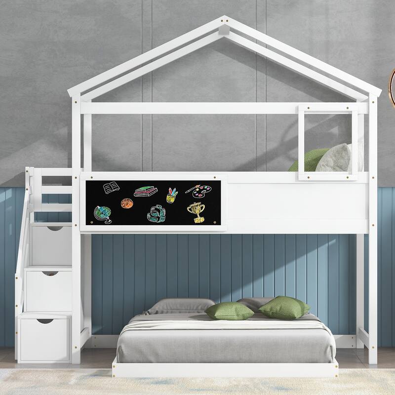 Twin Over Full Bunk Bed with Storage Staircase, Blackboard, and House Design
